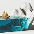 Blue Transparent Acrylic Coffee Table With Small Boat Decoration And White Mountain Shaped Accents