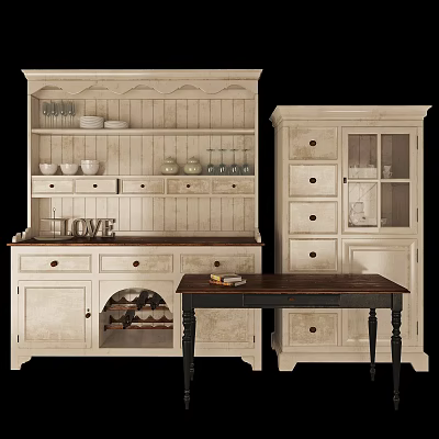 Rustic White Wine Cabinet With Glass Doors Drawers And Storage Shelves 3d model