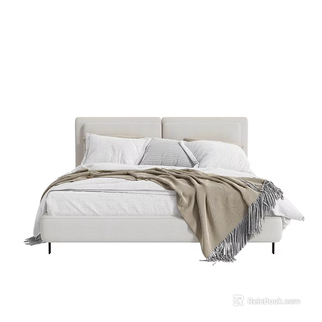 Modern Double Bed With Upholstered Headboard White Pillows And Beige Fringed Blanket 3d model 