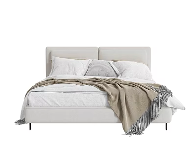 Modern Double Bed With Upholstered Headboard White Pillows And Beige Fringed Blanket 3d model