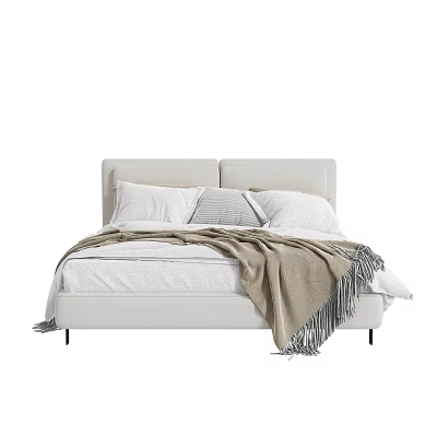 Modern Double Bed With Upholstered Headboard White Pillows And Beige Fringed Blanket 3d model