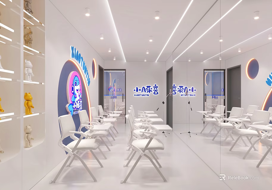 Bright Modern School Classroom With White Tables Chairs Cartoon Patterns And Mirror Walls 3d model 
