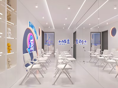 Bright Modern School Classroom With White Tables Chairs Cartoon Patterns And Mirror Walls 3d model