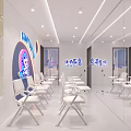 Bright Modern School Classroom With White Tables Chairs Cartoon Patterns And Mirror Walls