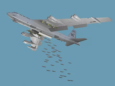 Military Aircraft Dropping Bombs in Flight with Markings and Blue Sky Background 3d model