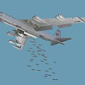 Military Aircraft Dropping Bombs in Flight with Markings and Blue Sky Background