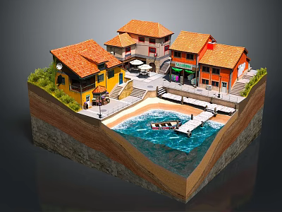 Colorful Houses Miniature Model With Orange Roofs Waterfront Small Boat Dock And Grass Area 3d model
