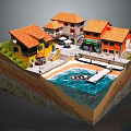 Colorful Houses Miniature Model With Orange Roofs Waterfront Small Boat Dock And Grass Area
