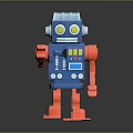 Blue And Red Plastic Robot Toy Figure With Yellow Eyes And Mechanical Details