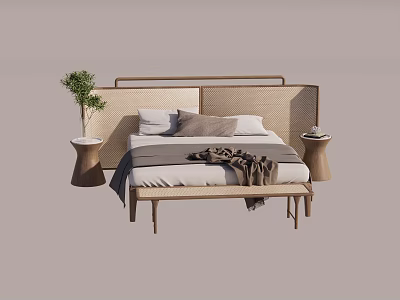 Double Bed In Minimalist Bedroom With Rattan Headboard Wooden Frame And Green Plant 3d model
