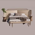 Double Bed In Minimalist Bedroom With Rattan Headboard Wooden Frame And Green Plant