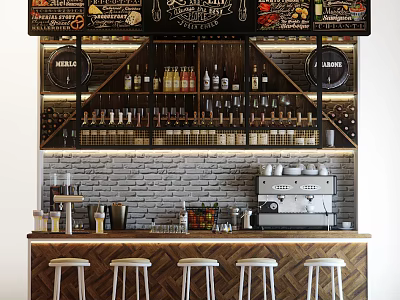 Wooden Bar Counter With Brick Wall Wine Shelves Coffee Machine And Stools 3d model