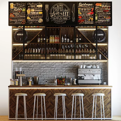 Wooden Bar Counter With Brick Wall Wine Shelves Coffee Machine And Stools 3d model