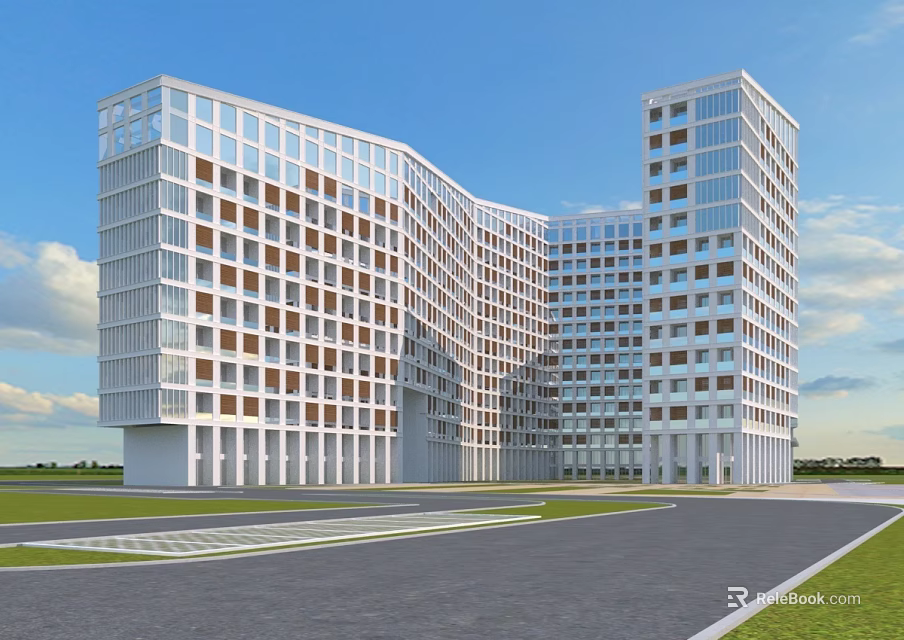 Modern High Rise Building With Glass Facade Green Lawn And Paved Road 3d model 