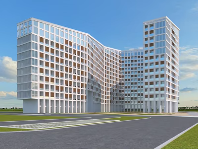Modern High Rise Building With Glass Facade Green Lawn And Paved Road 3d model