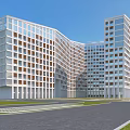 Modern High Rise Building With Glass Facade Green Lawn And Paved Road