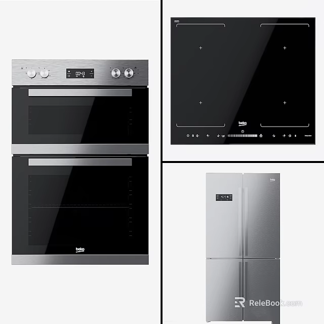 Modern Stainless Steel Kitchen Appliances Double Oven Induction Cooktop And Refrigerator 3d model 