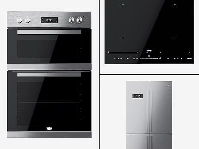 Modern Stainless Steel Kitchen Appliances Double Oven Induction Cooktop And Refrigerator 3d model
