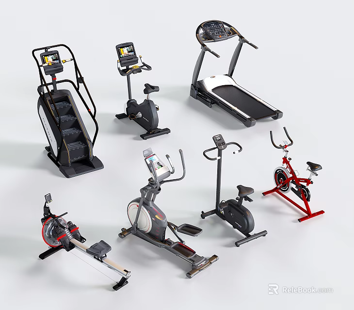 Essential Fitness Equipment Collection For Home Gym Including Treadmill Exercise Bike And Elliptical Trainer 3d model 