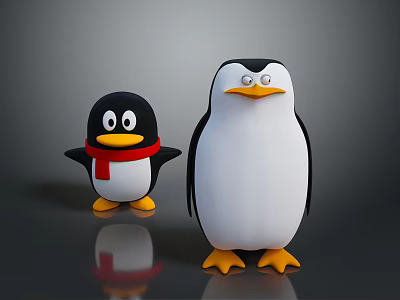 Two Cute Cartoon Penguins With Different Sizes Red Scarf And Yellow Feet 3d model