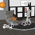 Soft Bean Bag Chair With Star Pillows Giraffe Plush And Geometric Blocks On Gray Rug