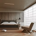 Sleek Modern Bedroom With Wooden Walls Large Bed Rug Chair Hanging Lamp And Blinds