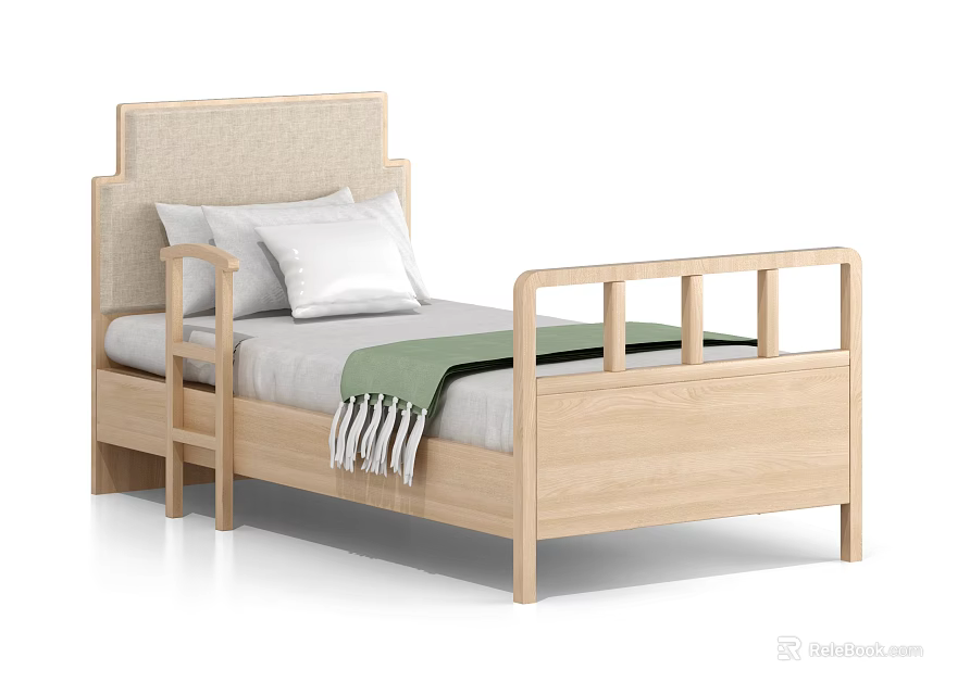 Wooden Single Bed with Upholstered Headboard Side Rails White Pillows and Green Tassel Blanket 3d model 
