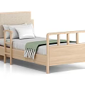 Wooden Single Bed with Upholstered Headboard Side Rails White Pillows and Green Tassel Blanket