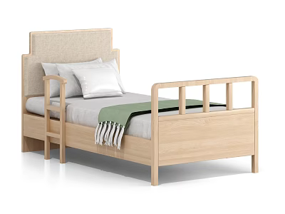 Wooden Single Bed with Upholstered Headboard Side Rails White Pillows and Green Tassel Blanket 3d model