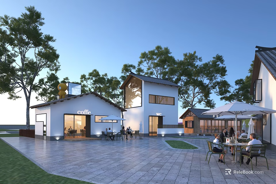 Modern White Boutique Homestay Building With Large Windows Trees Courtyard And Outdoor Coffee Seating Area 3d model 