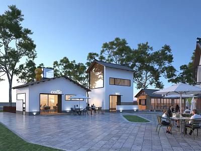 Modern White Boutique Homestay Building With Large Windows Trees Courtyard And Outdoor Coffee Seating Area 3d model