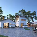 Modern White Boutique Homestay Building With Large Windows Trees Courtyard And Outdoor Coffee Seating Area