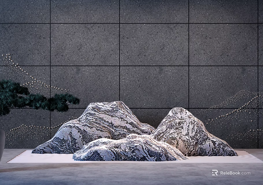 Garden Ornament With Rock Formations Pine Tree And Decorative Lines Against Gray Wall 3d model 