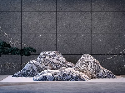 Garden Ornament With Rock Formations Pine Tree And Decorative Lines Against Gray Wall 3d model