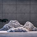 Garden Ornament With Rock Formations Pine Tree And Decorative Lines Against Gray Wall
