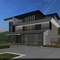 Modern Detached Villa Exterior With Glass Curtain Walls Landscaped Garden Green Lawn And Blue Sky