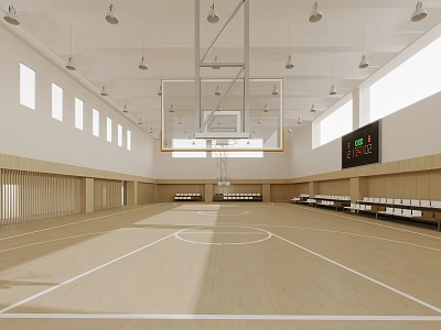 Spacious Modern Basketball Gymnasium With Wooden Court Suspended Hoop Scoreboard Ceiling Lights And Side Windows 3d model