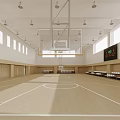Spacious Modern Basketball Gymnasium With Wooden Court Suspended Hoop Scoreboard Ceiling Lights And Side Windows