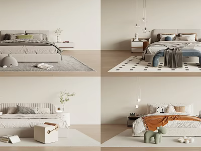 Modern Cozy Double Bed Bedroom With Decorative Pillows Nightstand Plants And Soft Rug 3d model