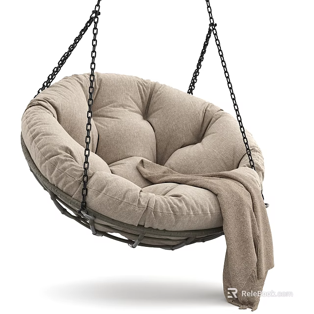 Comfortable Beige Hanging Leisure Chair With Plush Cushion And Soft Blanket 3d model 