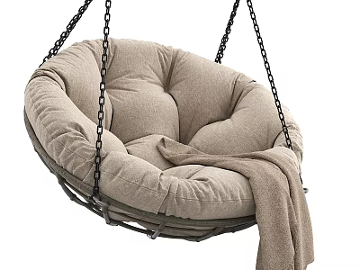 Comfortable Beige Hanging Leisure Chair With Plush Cushion And Soft Blanket 3d model