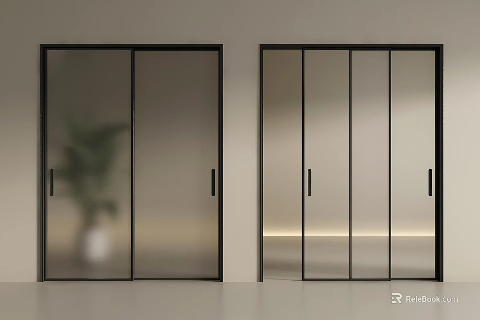 Modern Interior Sliding Doors with Black Frames Frosted Glass and Multiple Panels 3d model