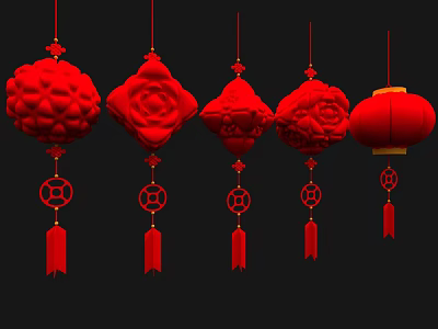 Red Traditional Chinese Flower And Lantern Shaped Hanging Ornaments With Tassels 3d model