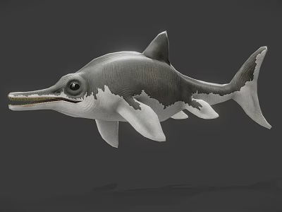 Realistic 3D Model of Aquatic Reptile With Long Snout Flippers and Gray White Coloration 3d model