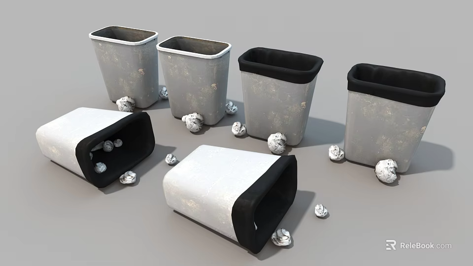 Public Facility Outdoor Trash Bins With Multiple Gray And White Containers And Stones Around 3d model 