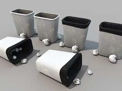 Public Facility Outdoor Trash Bins With Multiple Gray And White Containers And Stones Around 3d model