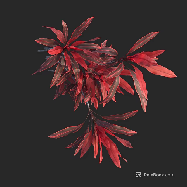 Vibrant Tree With Red And Dark Red Long Elongated Shiny Leaves 3d model 
