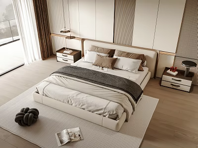 Modern Double Bed With Minimalist Headboard Pillows Blanket And Nightstands In Bedroom 3d model