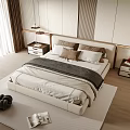 Modern Double Bed With Minimalist Headboard Pillows Blanket And Nightstands In Bedroom