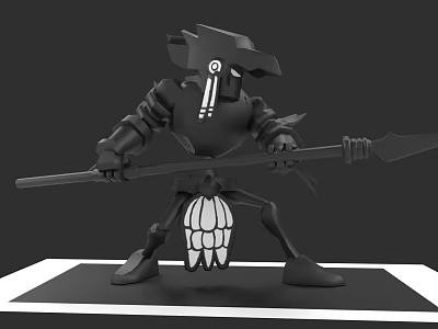Armored Game and Movie Character With Horned Helmet Holding Spear Mechanical Insect Like Design 3d model